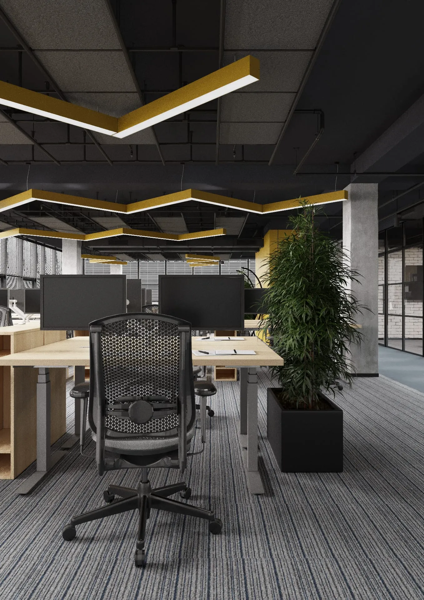 Technosoft — un birou construit în jurul angajatului — randare receptie neon